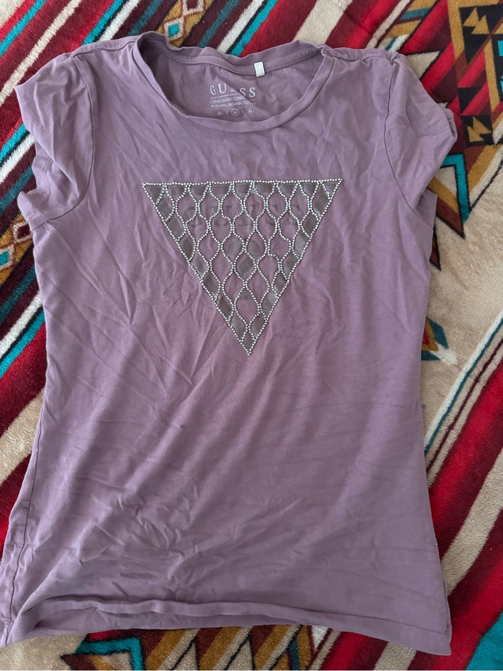 Guess Lavender Short Sleeve Tee with Rhinestone Triangle